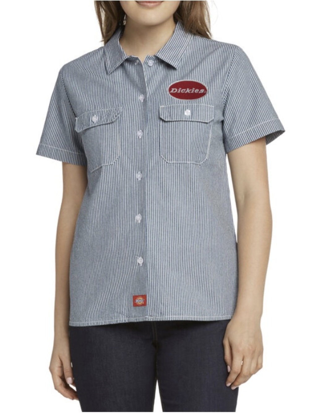 Dickies Blue and White Stripe Short Sleeve Button-Up Work Shirt
